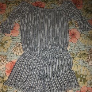 Blue and white striped off-the-shoulder romper
